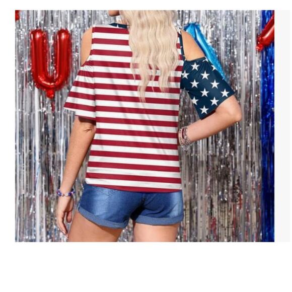 Spadehill Size S Cold Shoulder Button Down Top Stretch Stars Stripes America USA - Picture 3 of 13